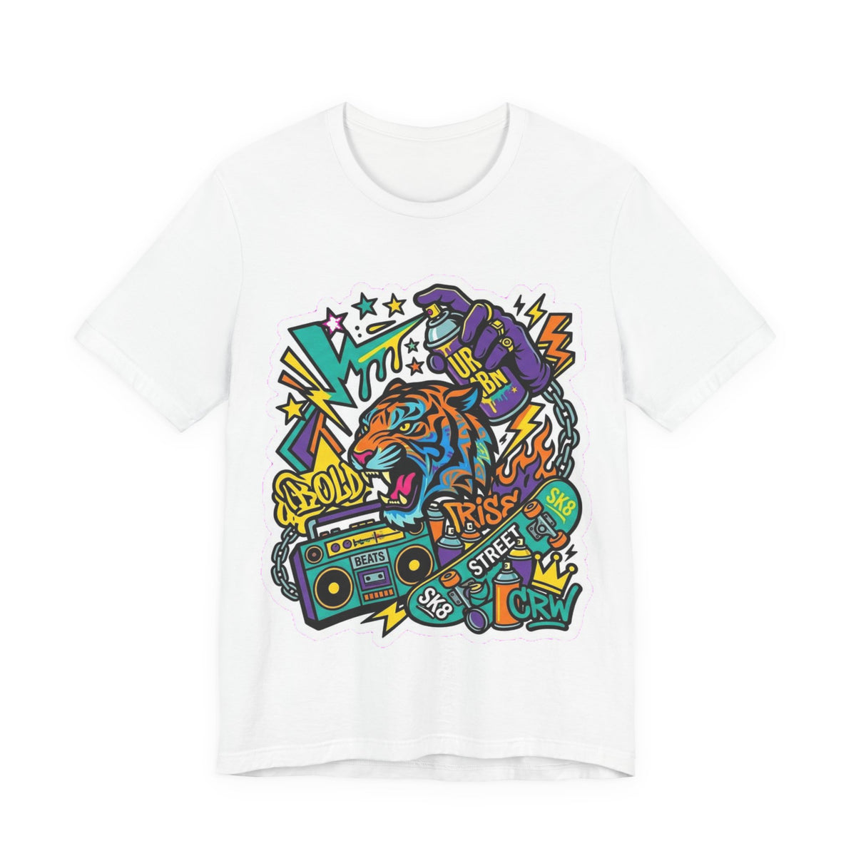 Street Crew Tiger Graphic Tee — Retro Boombox Hip-Hop Skate Shirt