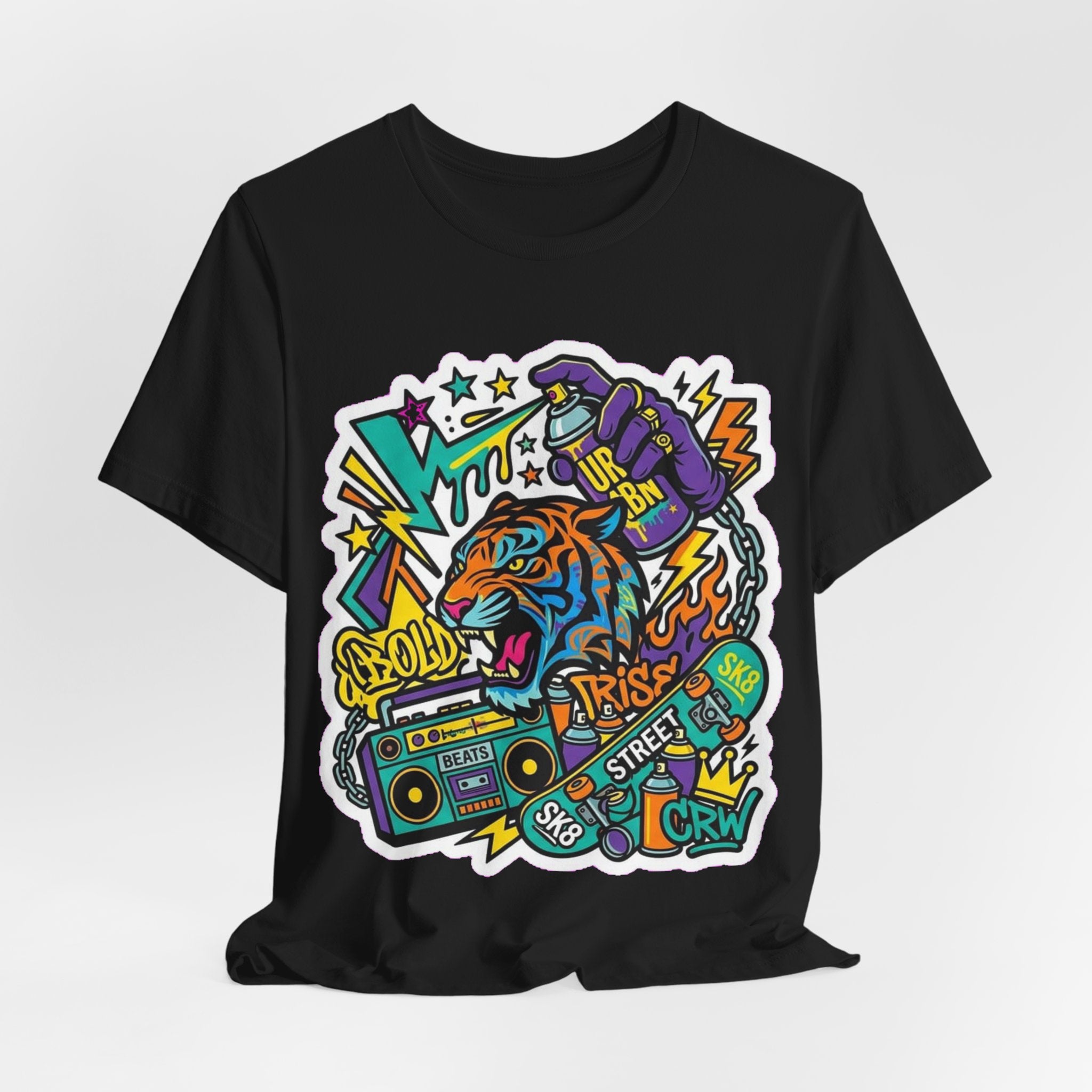 Street Crew Tiger Graphic Tee — Retro Boombox Hip-Hop Skate Shirt