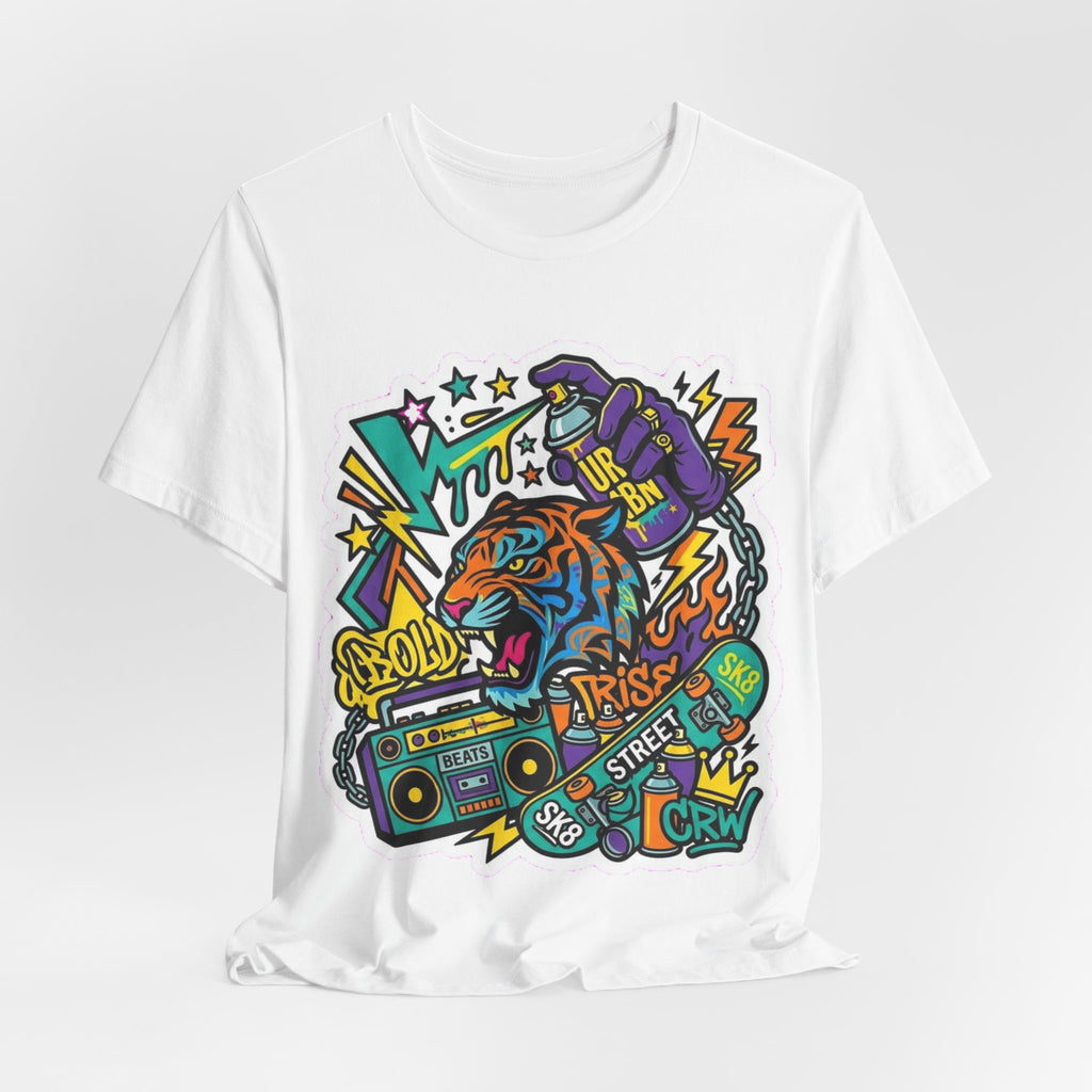 Street Crew Tiger Graphic Tee — Retro Boombox Hip-Hop Skate Shirt