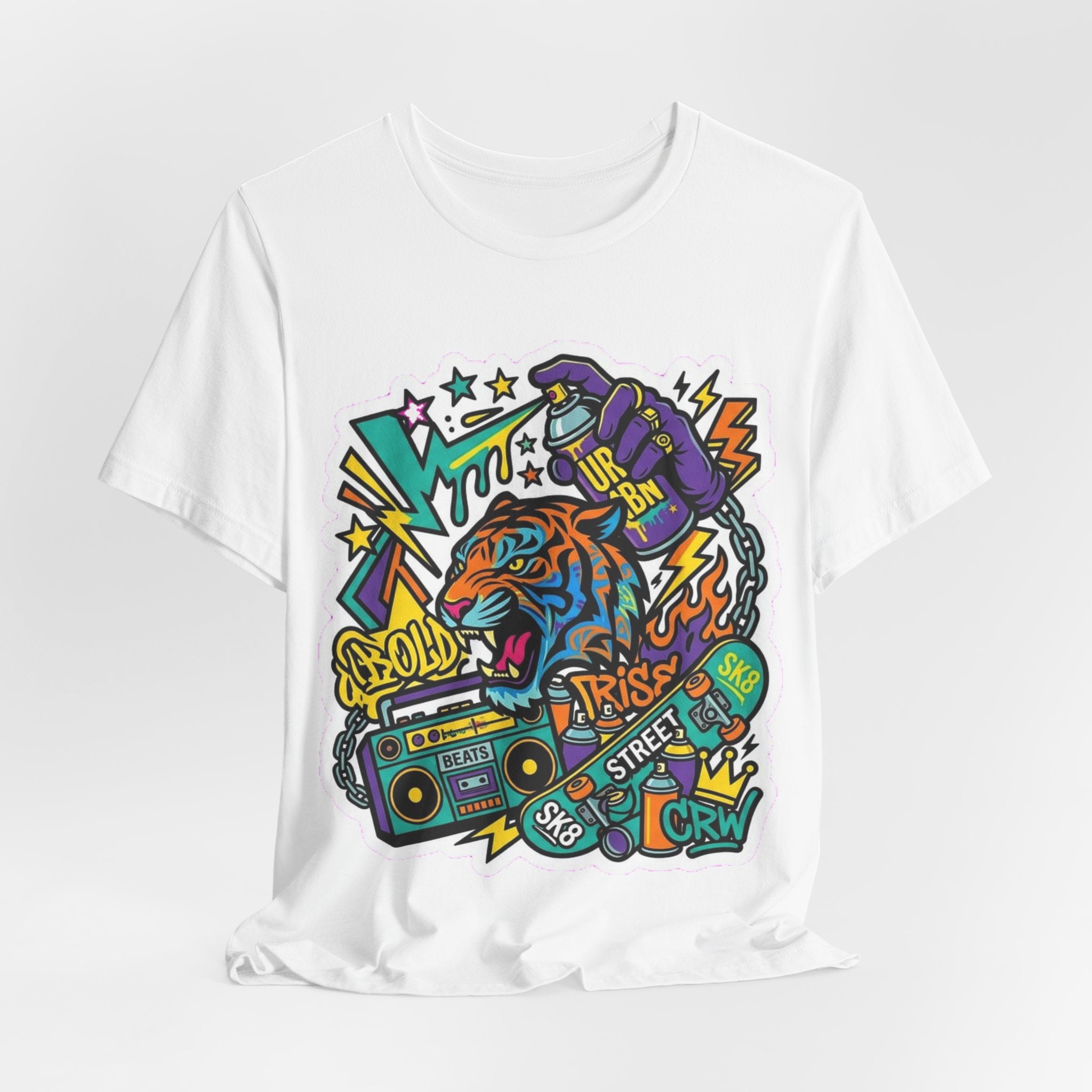 Street Crew Tiger Graphic Tee — Retro Boombox Hip-Hop Skate Shirt